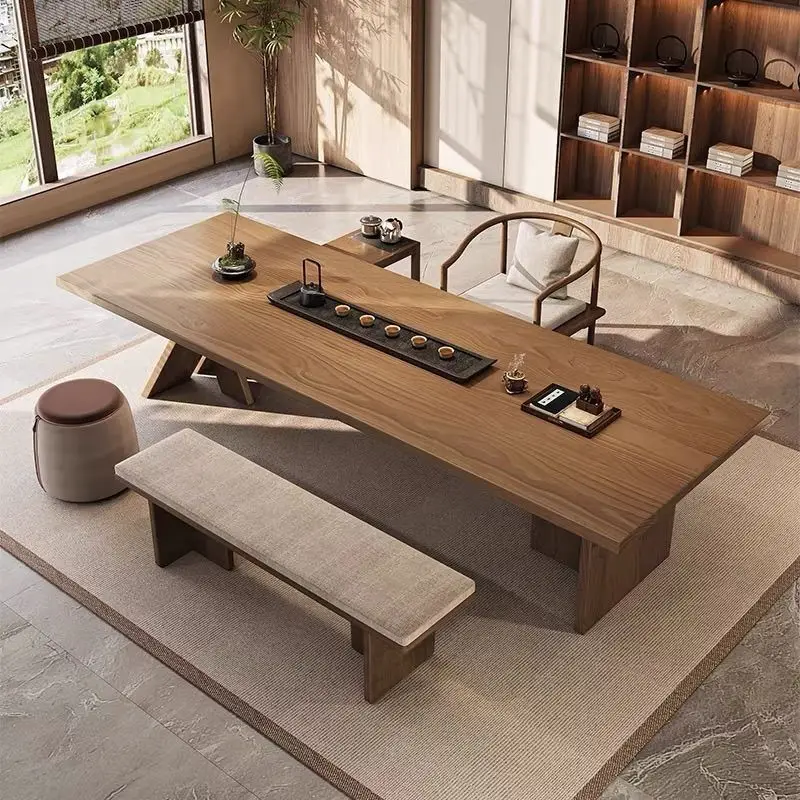 Chinese living room solid wood, large board log table and chair combination modern tea table office