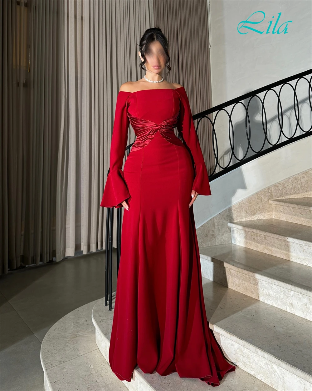

Customized Elegant Red Jersey Evening Dress Formal Boat Neck Long Sleeves Celebrity Gowns Classic Mermaid Court Train Prom Dress