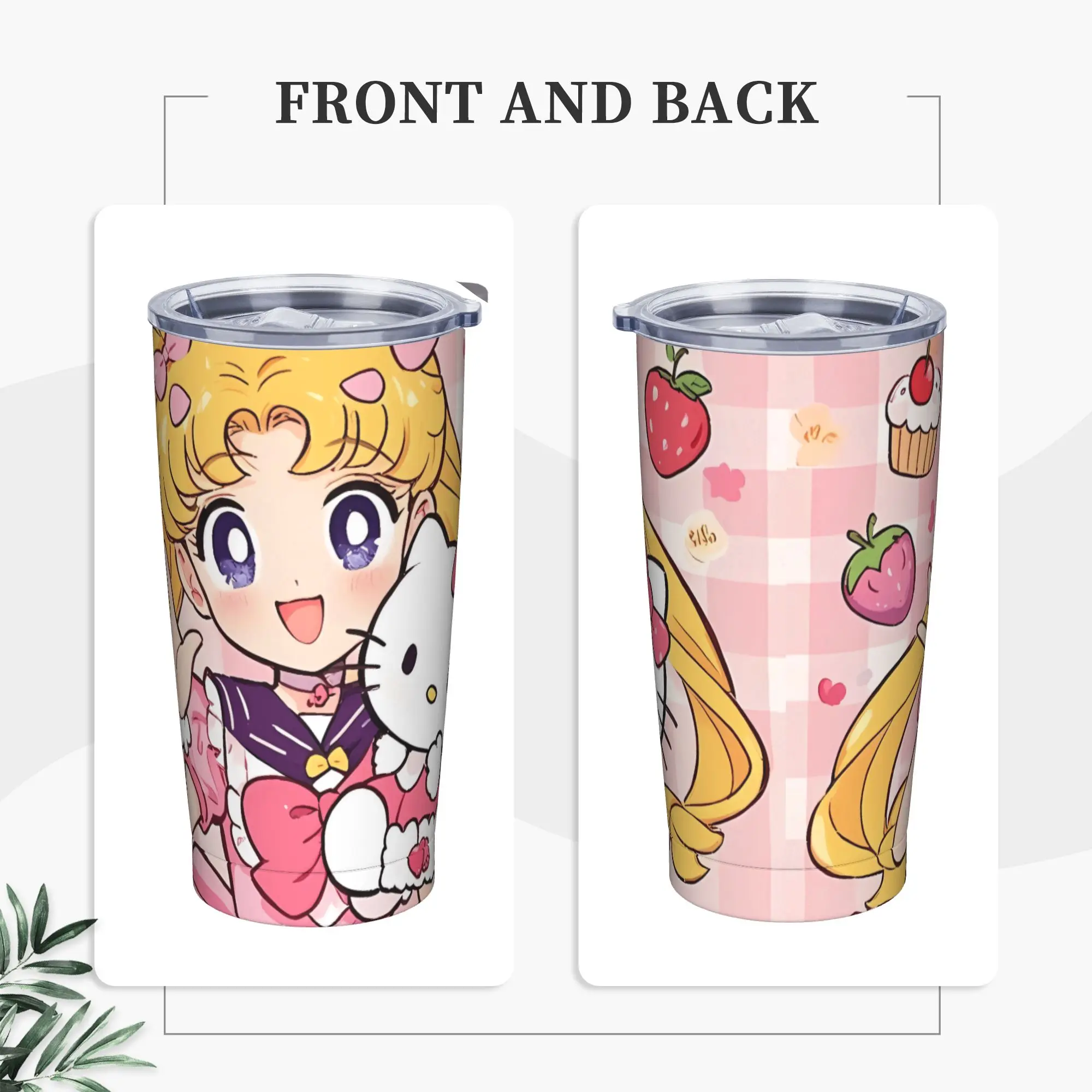 Sailor Moon Edelstahl-Thermobecher Strand-Thermobecher mit Strohhalmen und Deckel Große Auto-Becher Kaltgetränk-Wasserflasche