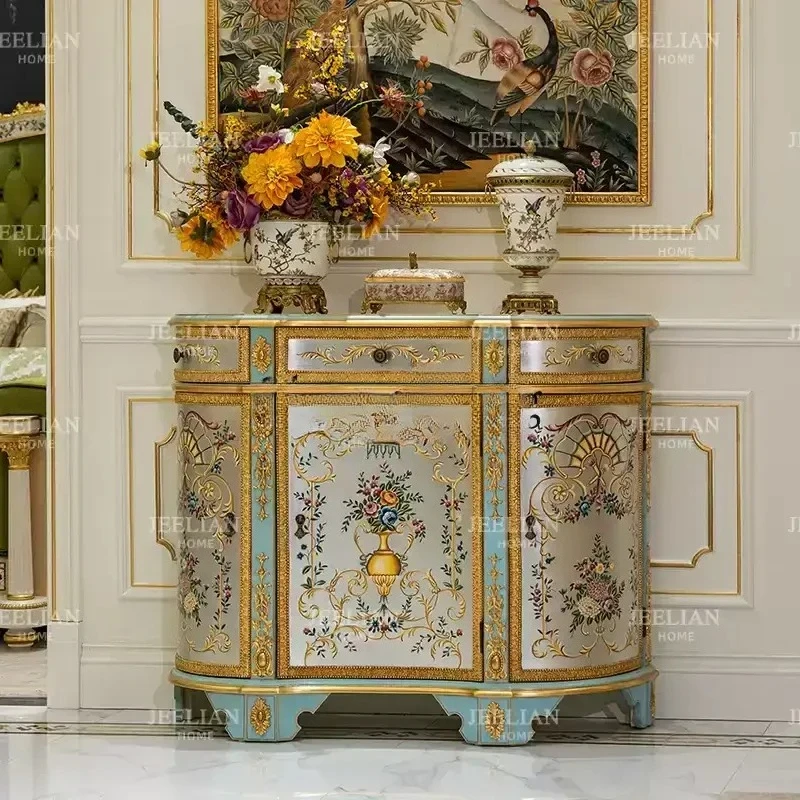 HJ New Modern High-end Hand-painted Flowers Heavy Industry Carving Gold Foil Villa Living Room Corridor Entrance Cabinet