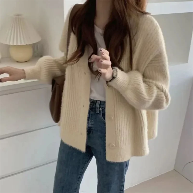 2024 Autumn and Winter New Imitation Mink Sweater Coat Women Simple Wind Lantern Sleeve V-neck Loose Sweater Cardigan Women