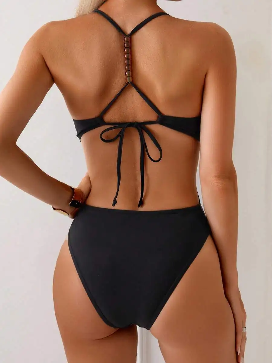 

Womens Beaded Cut-Out One-Piece Swimsuit With Cross Back And Tie Detail