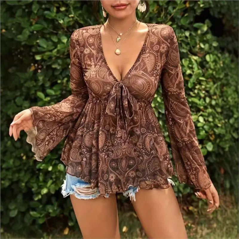 

2025 Autumn Tops New Style Lady Clothes Elegant Deep V-neck Long Sleeve Mesh Printed Flared Sleeve T-Shirt Woman Clothing