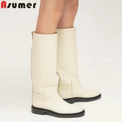 ASUMER INS Fashion Brand Full Cow Leather Boots Women Slip On Knee High Boots Fashion Yellow Autumn Winter Women's Boots