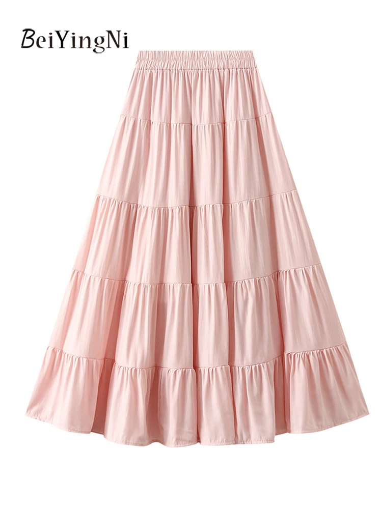 

Beiyingni 2025 Summer Korean Long A-line Skirts Women Pure Color Sweet Woman's Midi Cake Skirt Casual Blue Street Faldas Mujer