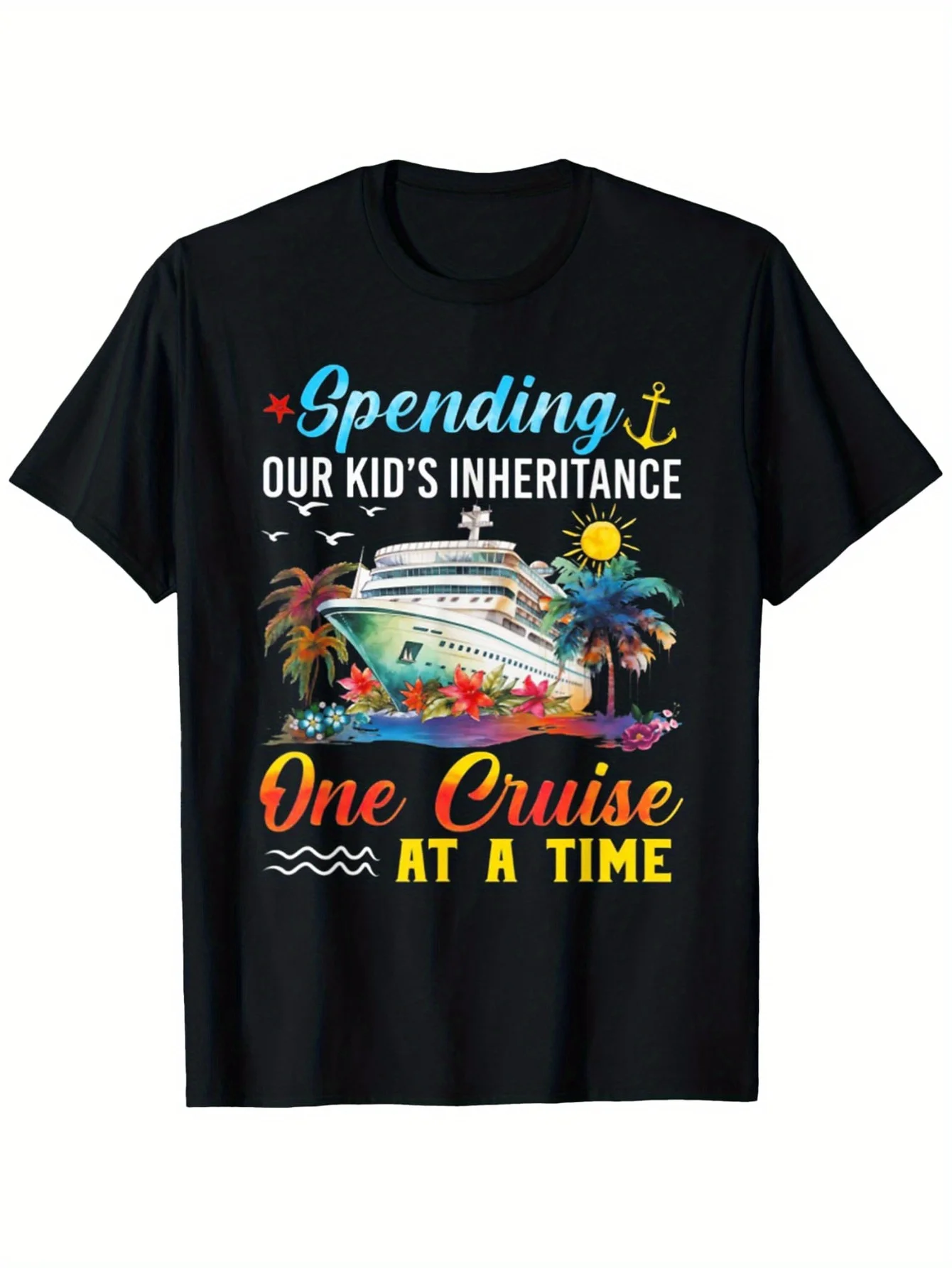 Inheritance Cruise Graphic T-Shirt - Unisex Casual Round Neck, , , Summer Gift for Boys And Girls, Black with Colorful Cruise Ship Design, Cruise T Shirts
