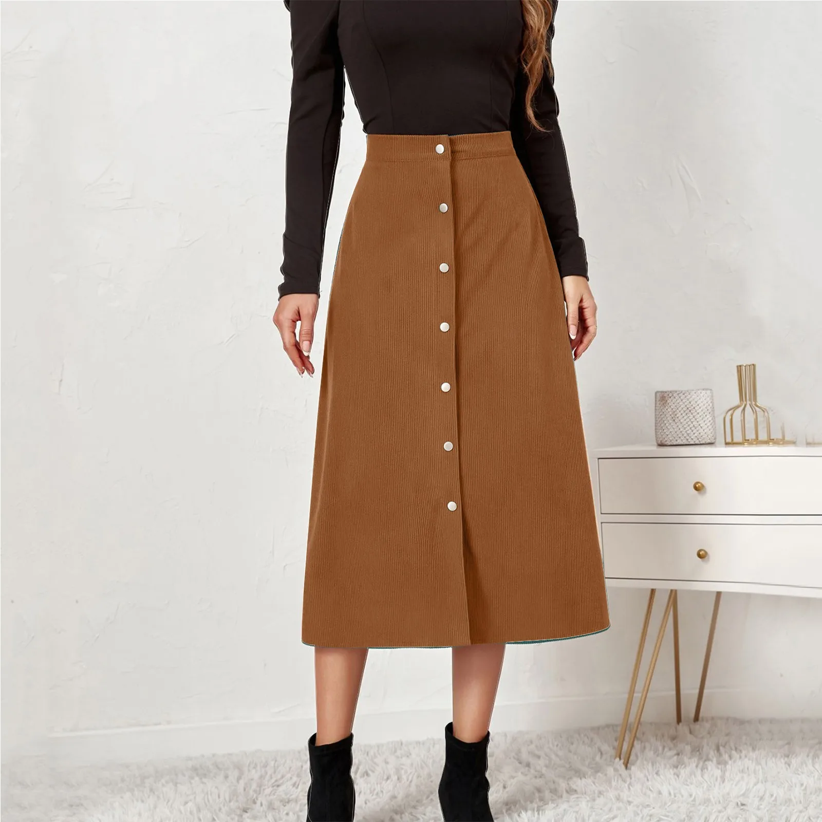 Autumn And Winter Women's Elegant Corduroy Hip Wrap Single Breasted Slim Fit Skirt Versatile Solid Color A Line Long Skirt