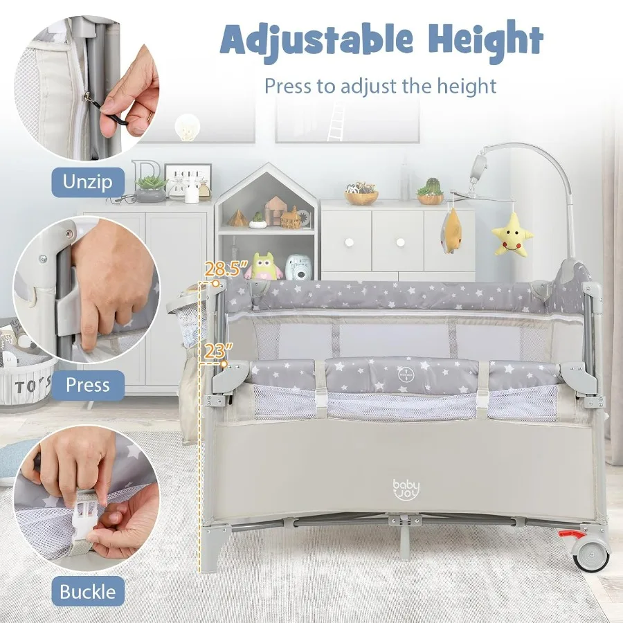 حزمة وتشغيل 5 في 1، نائمة محمولة بجانب السرير للأطفال مع سرير، مبدل حفاضات على شكل حرف U، حزام أمان، مدخل بسحاب جانبي،