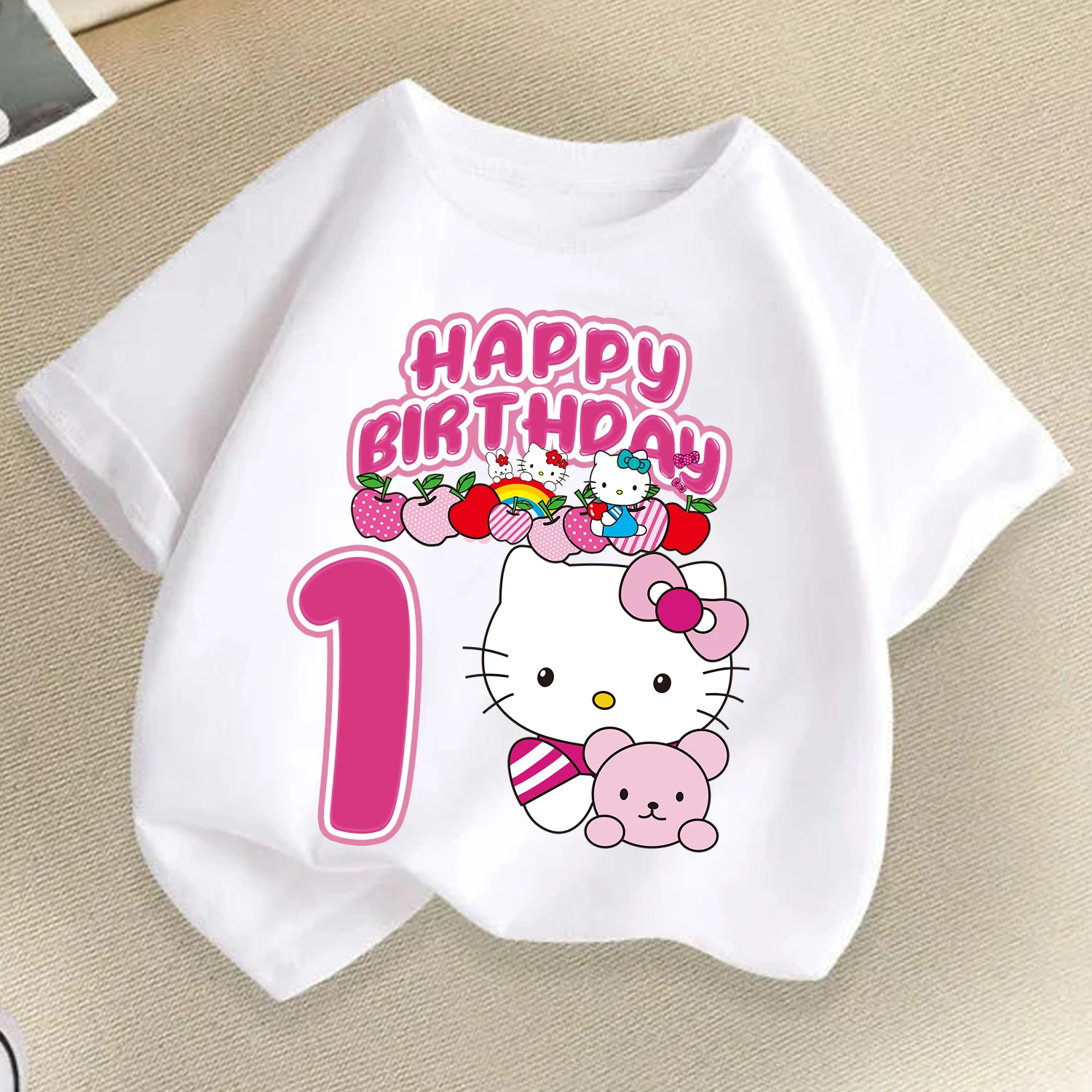 مرحبا كيتي تي شيرت أبيض للأطفال ، أرقام أعياد الميلاد ، كرتون لطيف ، أكمام قصيرة ، ملابس فضفاضة للفتيات ، هدية للأطفال ، سانريو