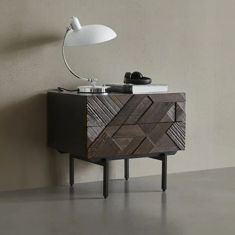 

Modern Solid Wood Handmade Carved Bedside Table Retro Side Double Drawer Storage Cabinet