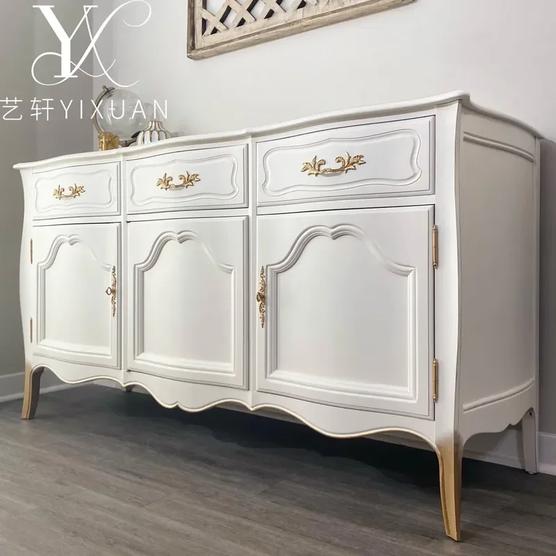 Solid Wood Retro Dining Side Cabinet Carved Three Door Wall Storage Unit for Living Room Decoration