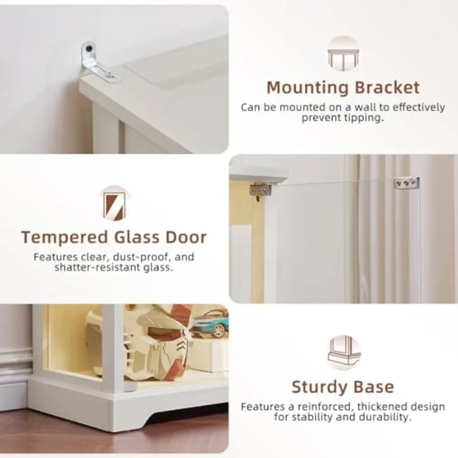 Farmhouse Glass Display Cabinet with Lock for living room, tempered glass and wood, white, secure locking mechanism view 5