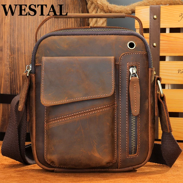 WESTAL Crazy Horse Skórzane torby na ramię dla mężczyzn Torebki na ramię Torebki na ramię My Order Ładowanie USB Torebki skórzane Torebki męskie