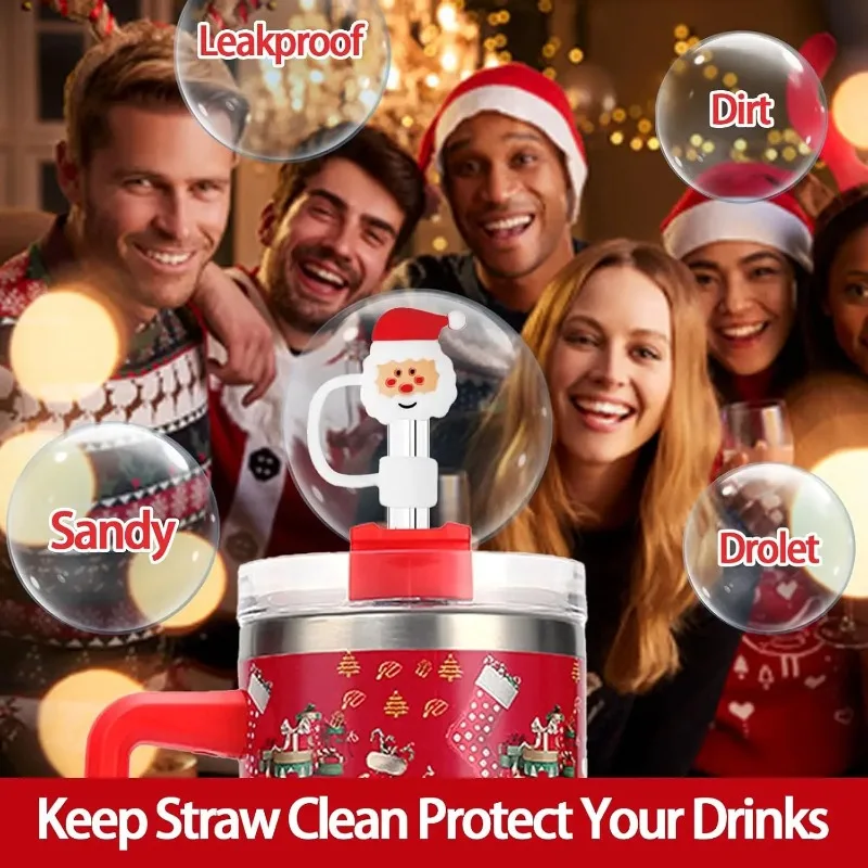 1-100pcs 10mm Xmas Straw Cover Cap for Tumbler with Handle Dustproof Reusable Topper Lid Cute Portable Party Home Supplies