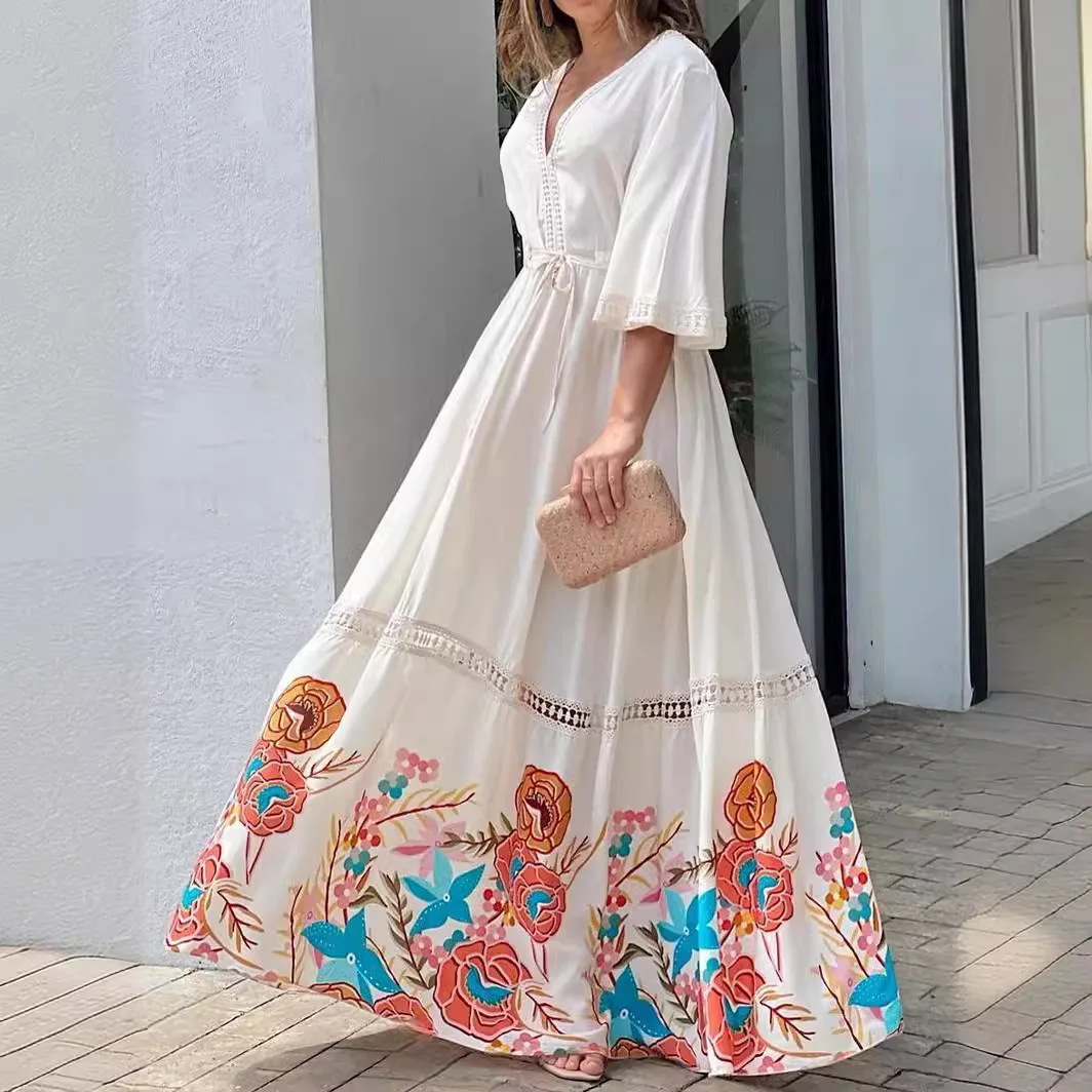 

Women Floral Print Casual Dress Spring Summer Fashion V Neck Half Sleeves Long Dresses Female Bohemian Holiday Beach Dresses2024