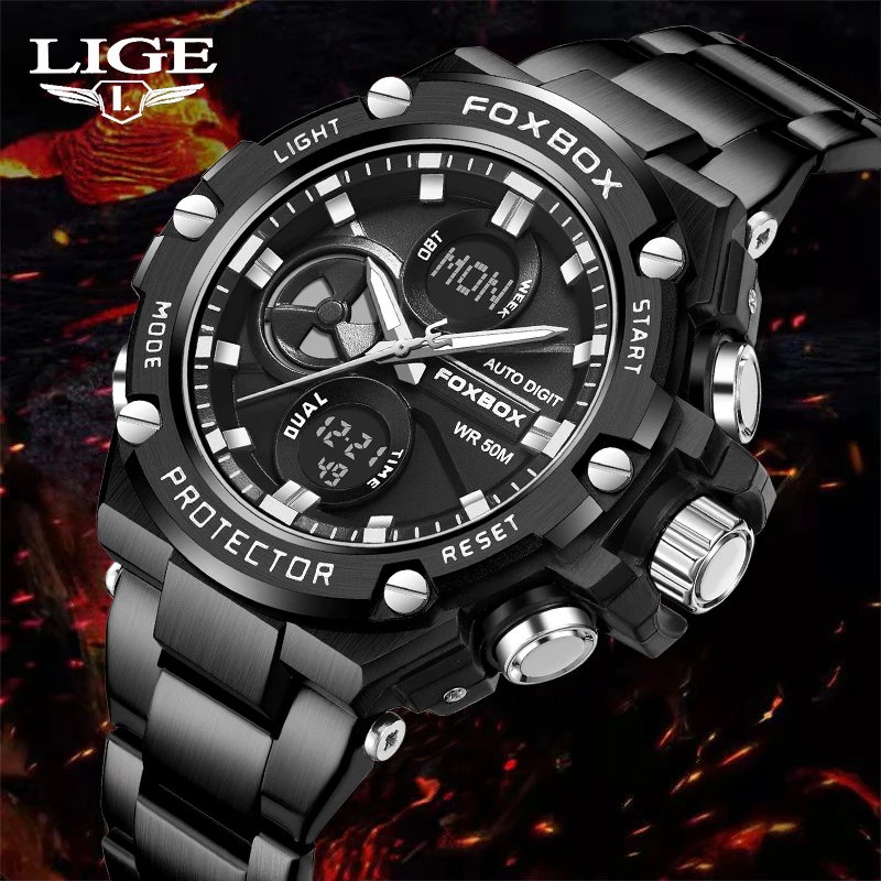 

LIGE Luminous Watches Mens Business Led Digital Dual Time Week Display Waterproof Stainless Steel Wristwatches Reloj Hombre 0054