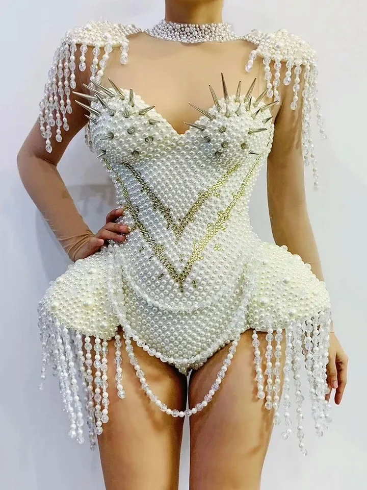 

Mesh Transparent Party Jumpsuit Costume Nightclub show singer dance Beaded Fringes Rhinestone Pearl Rivet Fashion Bodysuit