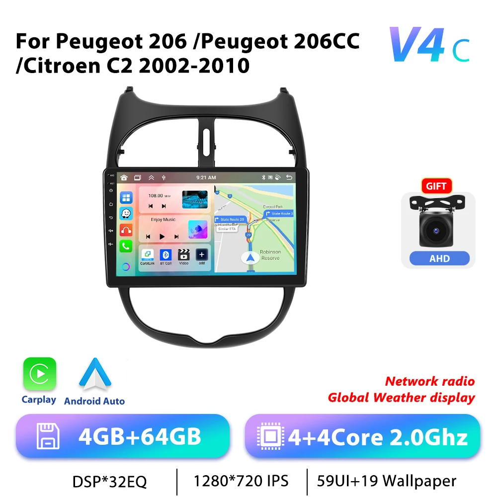 Podofo 9 "Autoradio Draadloze CarPlay Android Radio Voor Peugeot 206 206CC Citroen C2 2002-2010 Multimedia GPS Ontvanger Autoradio