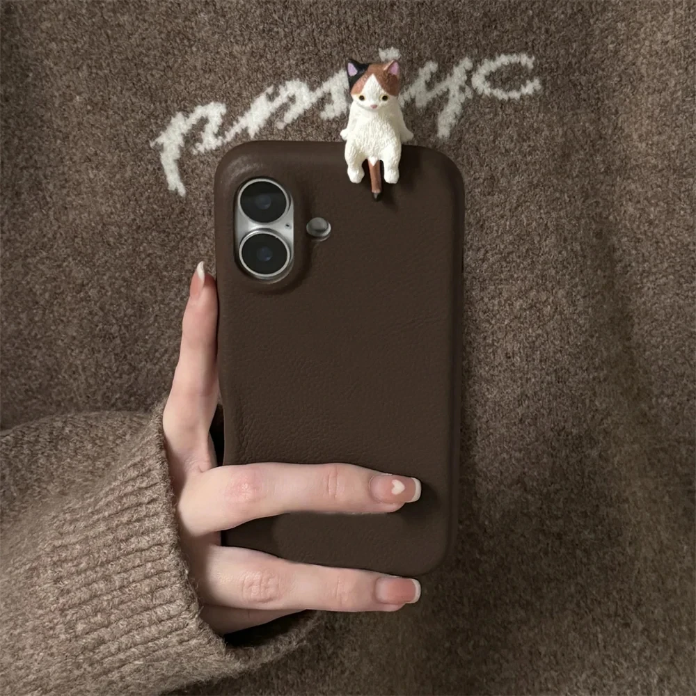 Korean Cute 3D Cat Soft Litchi Pattern Phone Case For iPhone 16 Pro 15 13 12 11 Pro Max 14 Plus Lovely Anti Drop Protect Cover