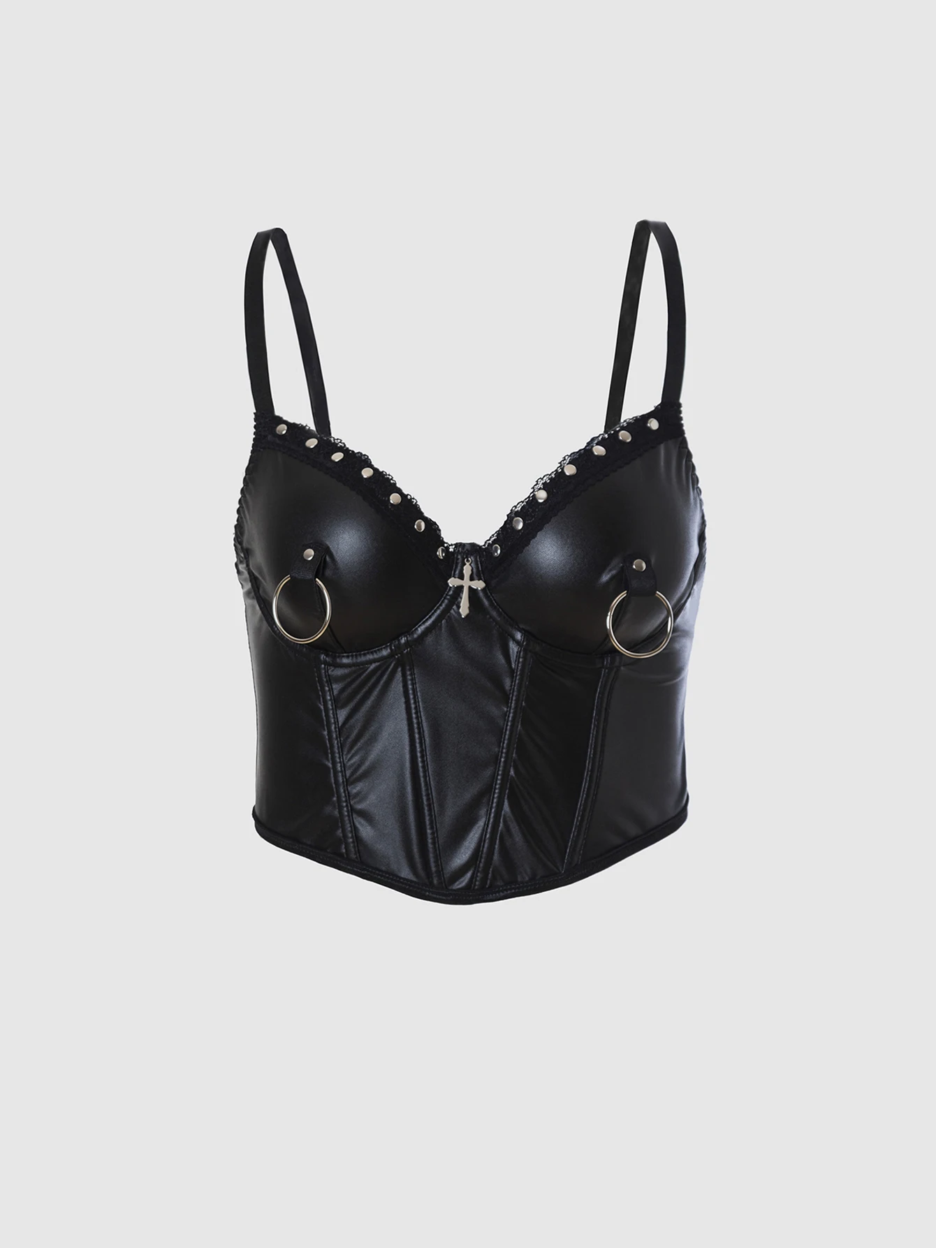 Punk Style Leather Halter Top with Metal Ring Cross Decoration Dark Sexy Outfit/Cosplay Top for Trendy Girls