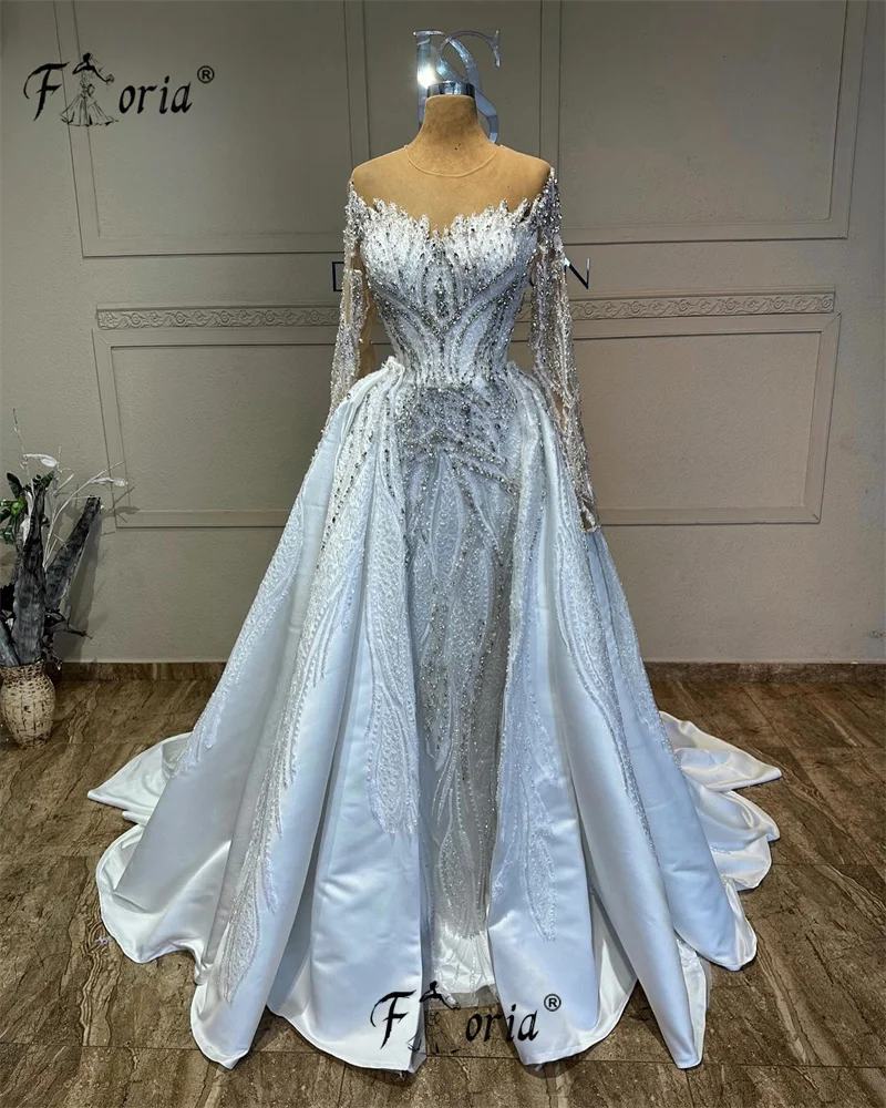 Eleganter transparenter Ausschnitt Dubai schwere Perlen Brautkleid mit abnehmbaren Zug Kristall Langarm Meerjungfrau Abendkleider Mariee