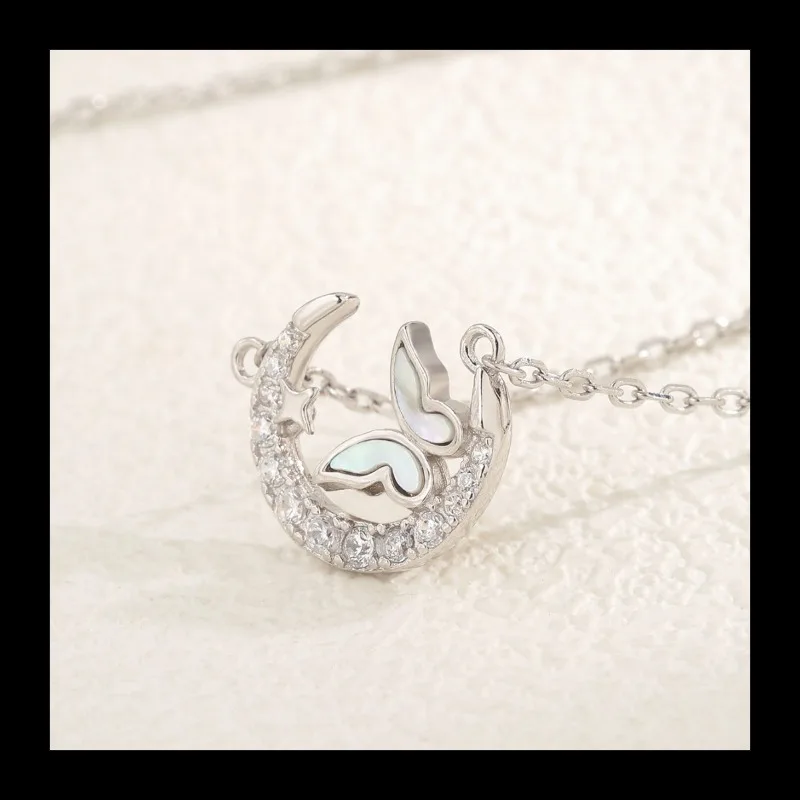 Ins رائجة البيع الهلال القمر نجمة فراشة شكل قلادة ضوء فاخر S925 الفضة الأم قذيفة تصميم الترقوة سلسلة الزركون ne