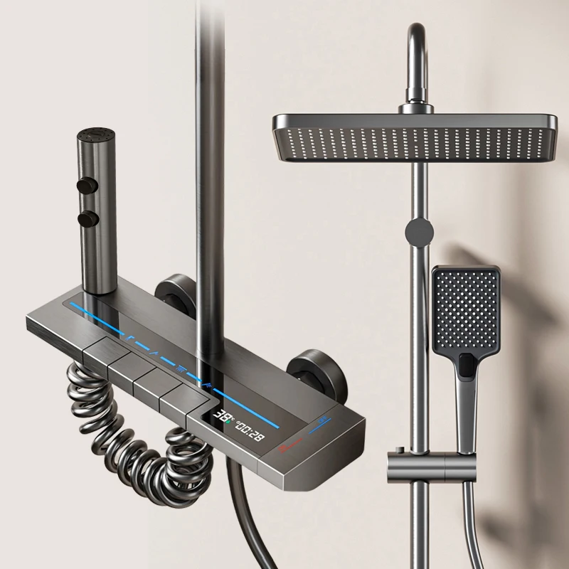 Aluminum Shower Head Set Digital Display Shower System Piano Button Overhead Large Panels Shower Head Bathroom Accessories