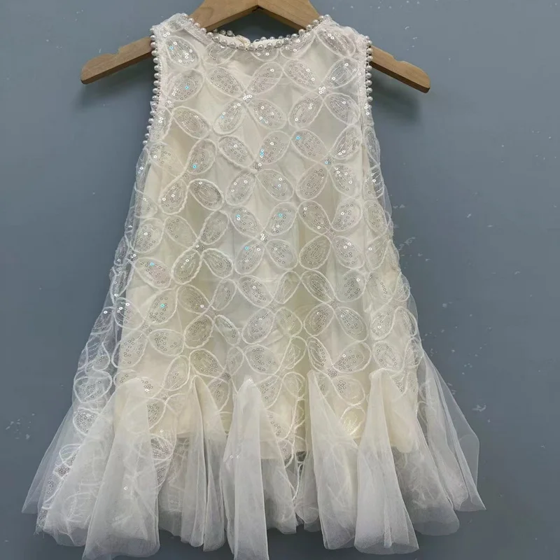 Kids Girlnew Summer Princess Dress Korean Style Round Neck Sleeveless Solid Color Sequined Vest Dresses Children Clothing H23229