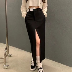 Korean Fashion Sexy Split Black Skirt for Women Autumn Casual Slim Irregular High Waist Long Skirts Female 2024 Chic Clothing