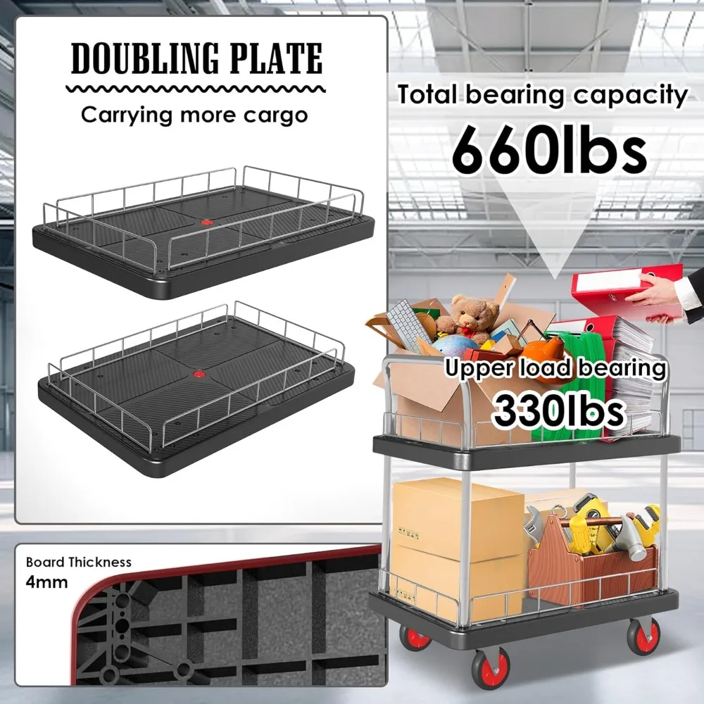 عربة أدوات شديدة التحمل ذات رفين مع 4 عجلات دوارة، سعة 660 رطل للمستودعات والمرآب والاستخدام المنزلي #2