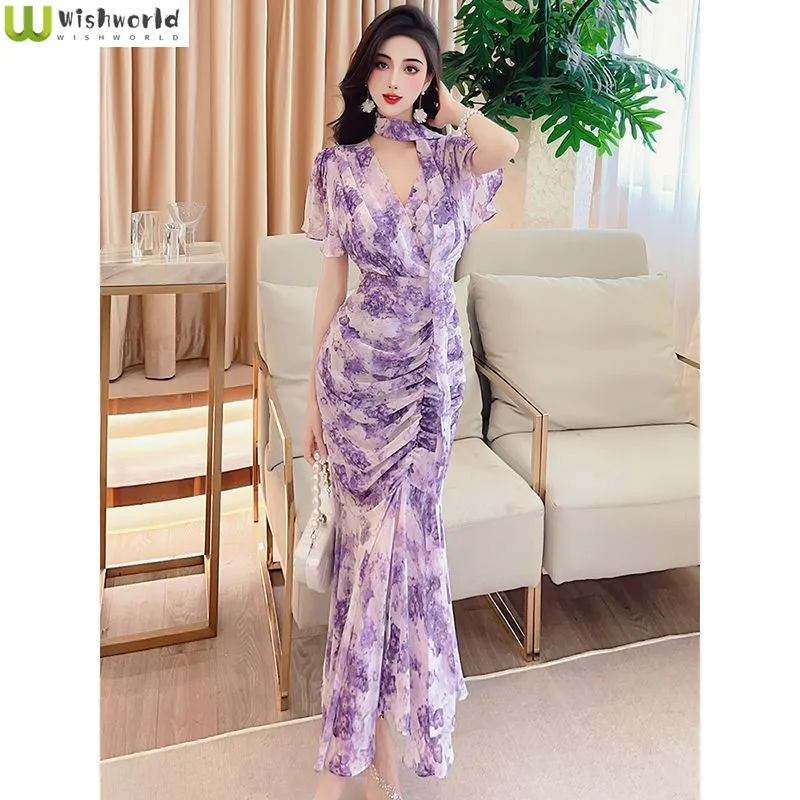 

Gentle Style Temperament Tea Break Printed Dress New Summer 2024 Women's Slim Fit Waistband Slimming Fishtail Skirt