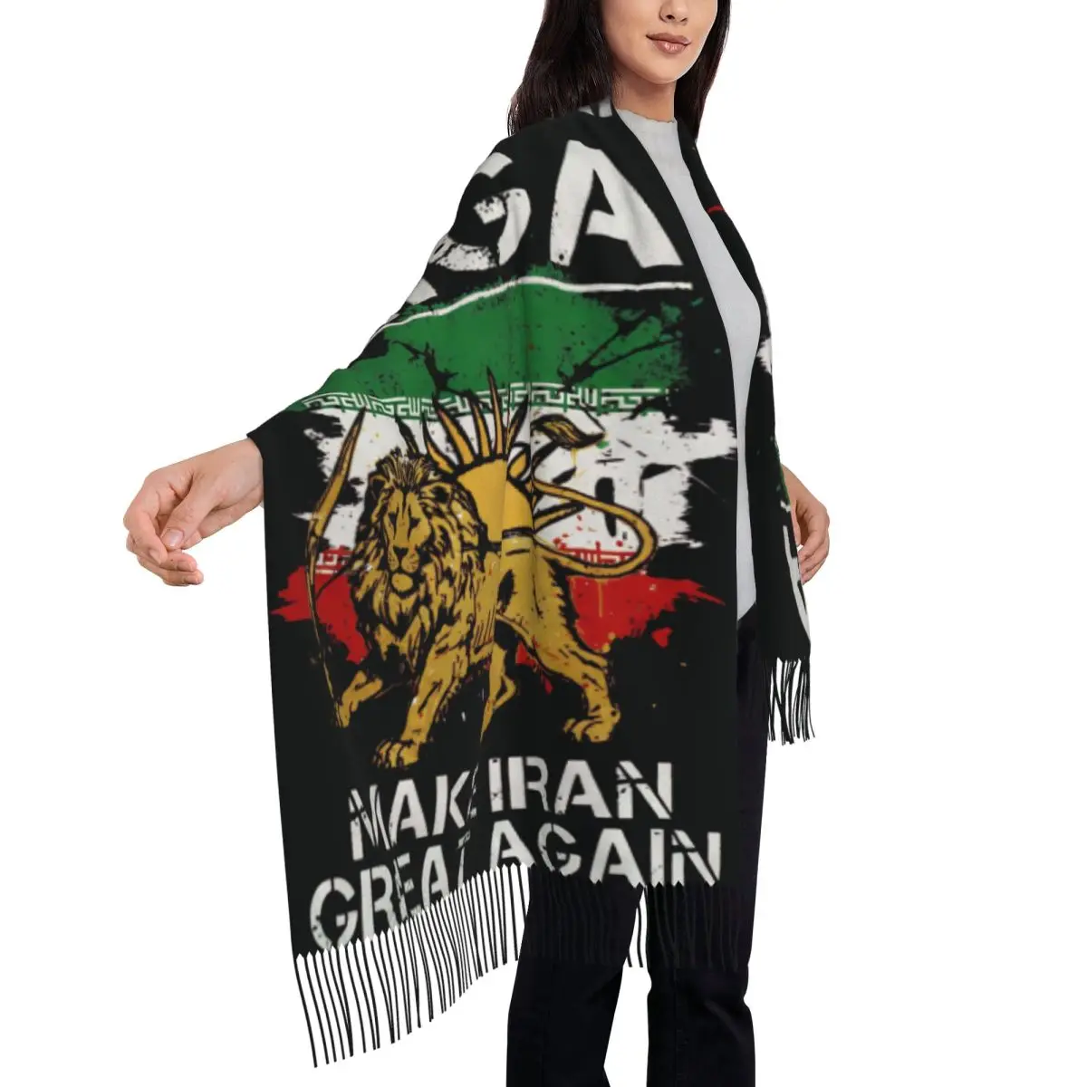 Make Iran Great Again Scarf Iranian National Emblem Gold Lion Warm Soft Shawls and Wrap with Tassel Scarves Wraps Winter Bandana