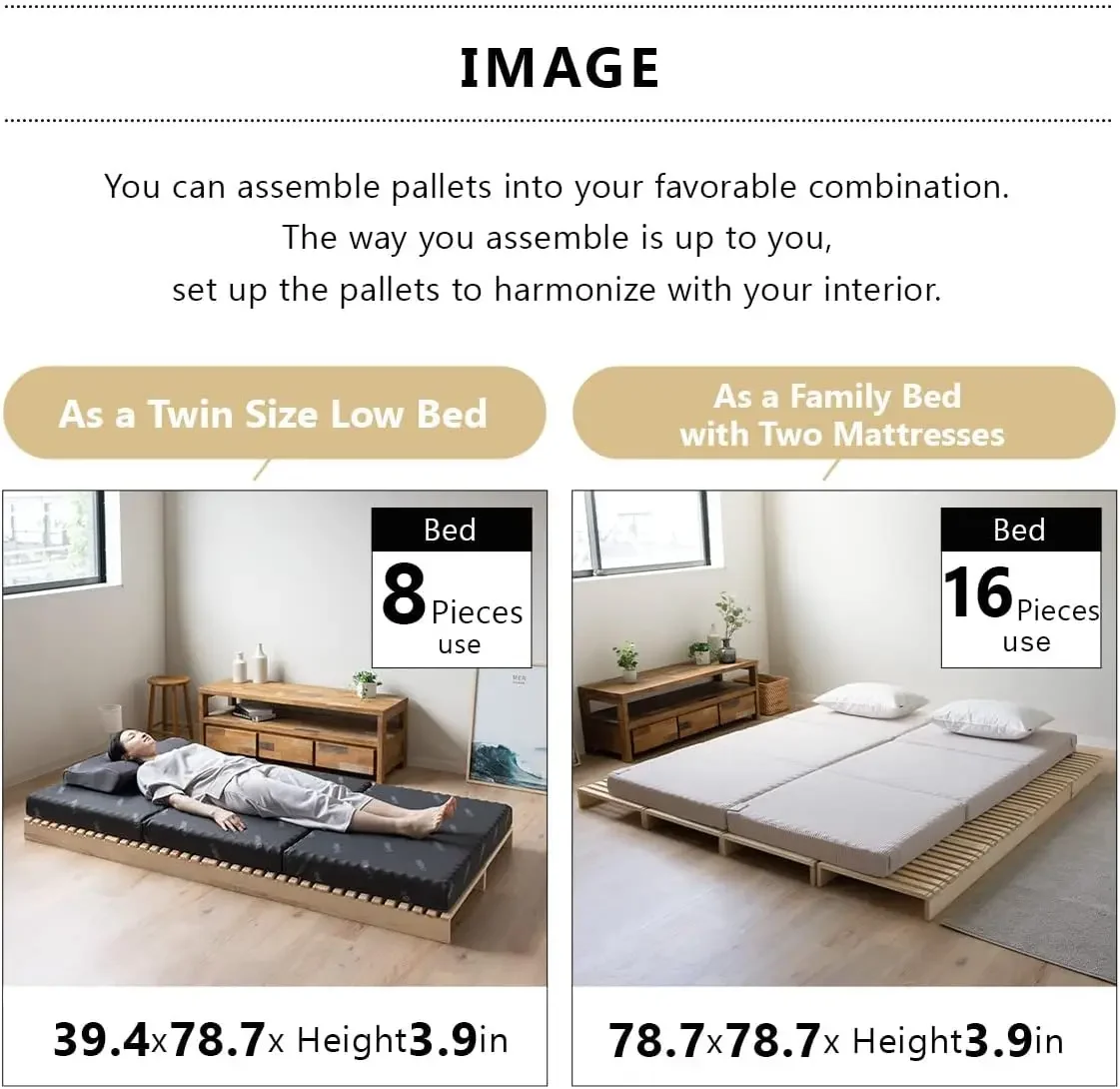 Pallet Bed Slats 8 Pieces (Twin) Pine Wood Natural, Japanese Futon Mattress Floor Sleeping Tatami Mat