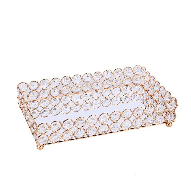 Golden Glass Mirror Tray Cosmetic Container Lipstick Necklace Desktop Shelf Storage Jewelry Metal Box Crystal Plate