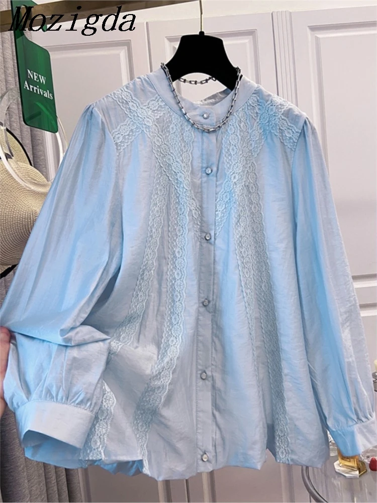 Oversize primavera rendas em torno do pescoço camisa feminina coreano manga longa casual solto senhoras blusas topos blusa feminina