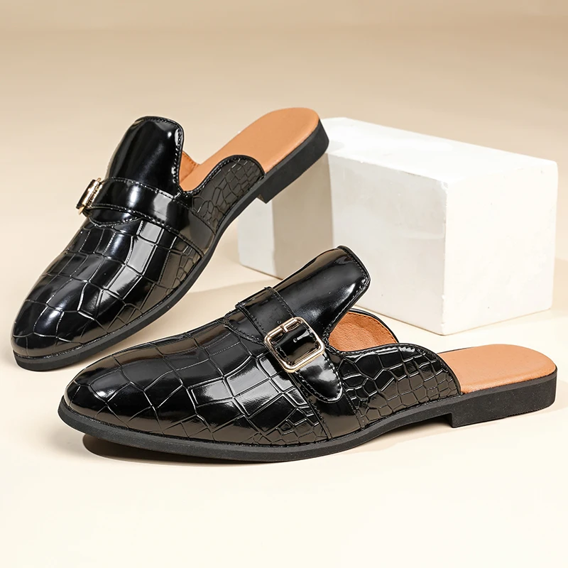 Big Size 46 Leather Mules Men Half Slippers Summer Backless Casual Shoes Open-back Loafers Slip On Flat Sneakers Slides Sandals