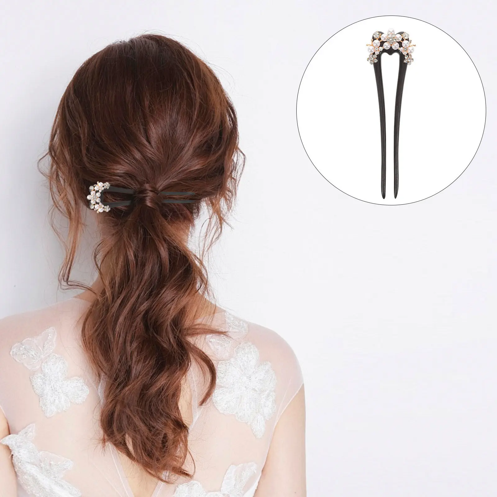 

Handmade Vintage Wooden U Shape Hairpin with Faux Pearl Flowers Elegant Updo Hair Accessories Women Vintage Hair Stick Pin