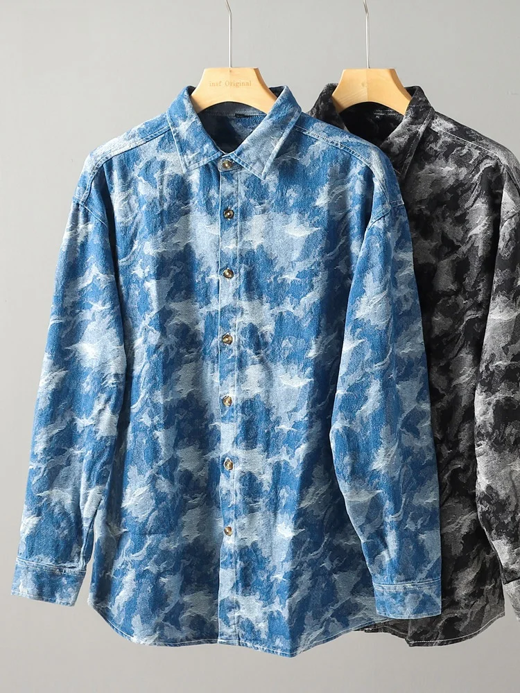 

Retro Waed Loose Long Sve Men's Denim irt American Sle Heavyweight Tie Dye Collar Casual Spring Autumn Faionable