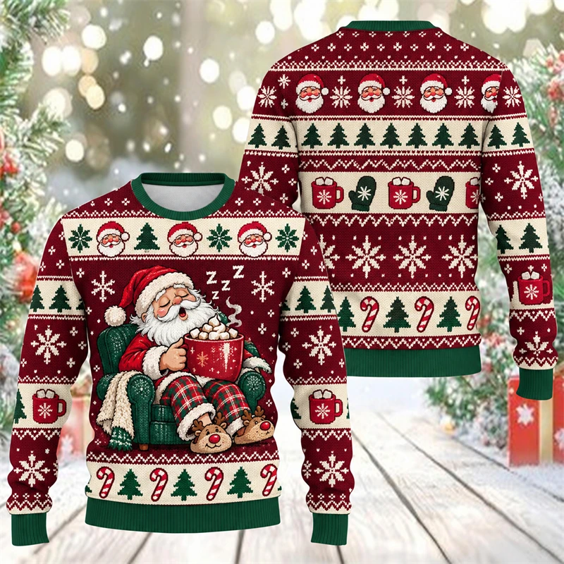2026 New Fun Santa Claus Mens Christmas Sweater 3D Printed Funny Ugly Xmas Santa Biker Pullover Xmas Party Streetwear Winter Top