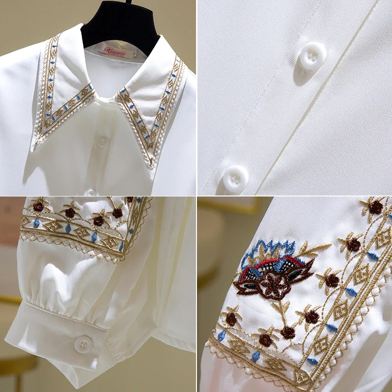 Women\'s Spring Doll Collar Embroidered Straight Long Sleeve Shirt 2023 New Lady White Polo Collar Fleece-Lined Bishop Sleeve Top