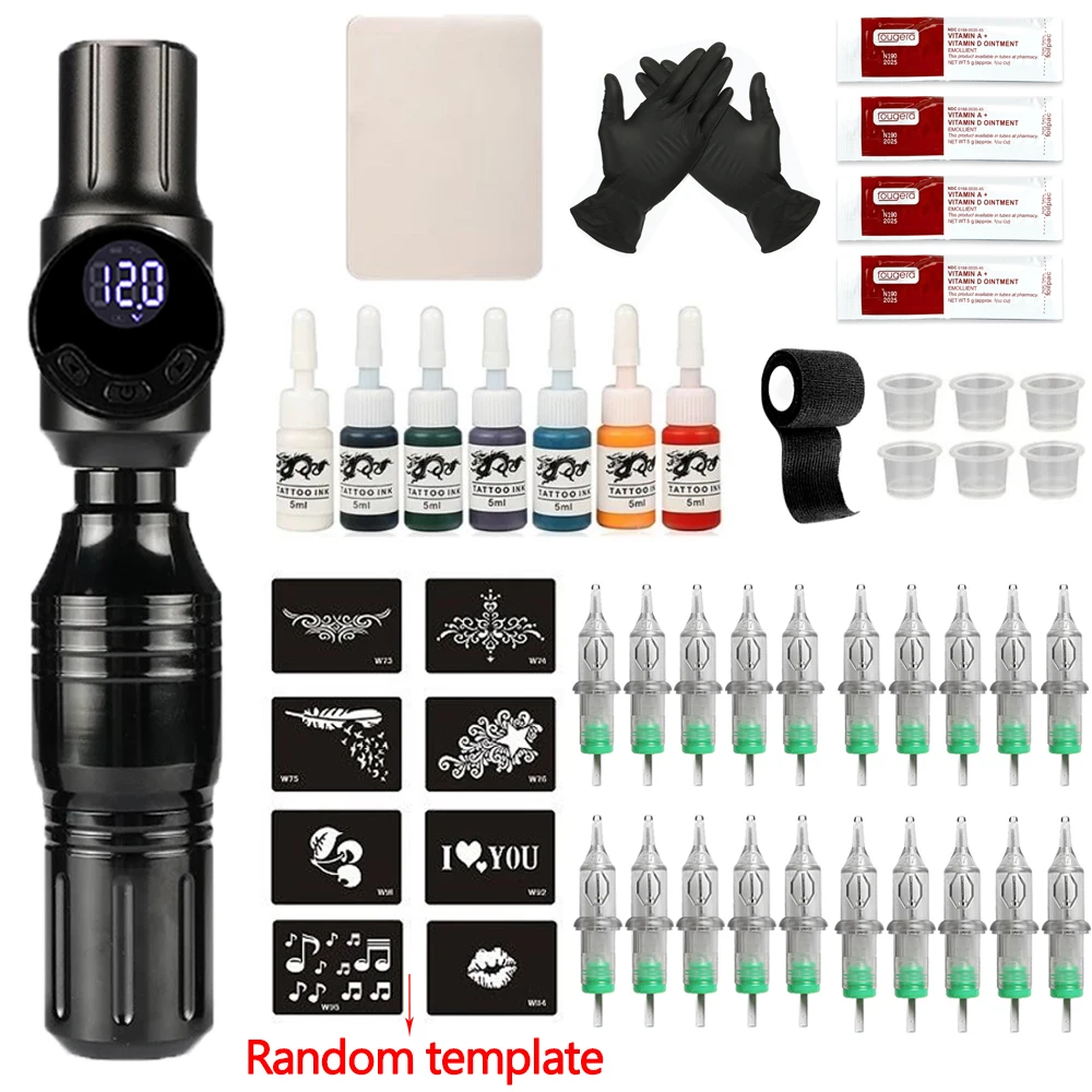 Professional Tattoo Kit Complete Rotary Tattoo Machine Pen Set With Cartridge Needles Accessories Wireless 1500mAh Power Supply