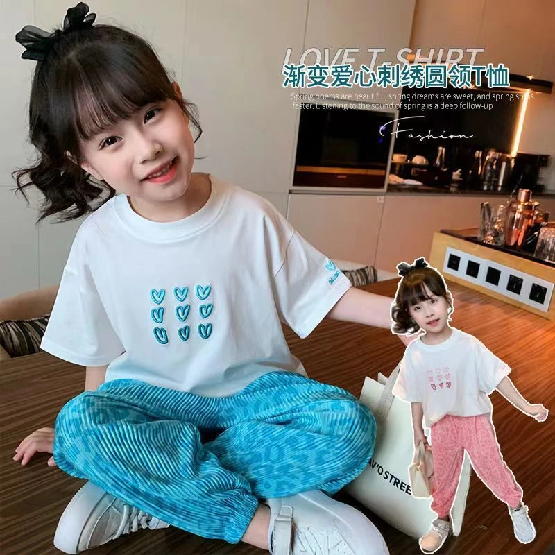 Fashion Girls Clothes Summer T-Shirt & Full-print Pants 2 Pieces Set Teenage Girl Sweet Outfit Children Dopamine Wear Tracksuit