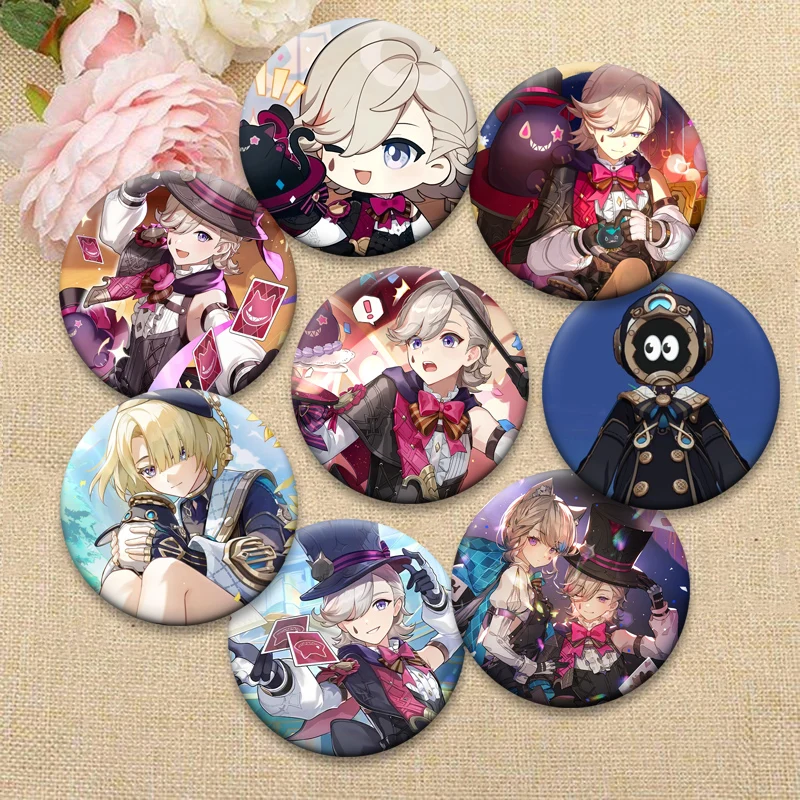 Exquisite Round Anime Pins Genshin Impact,Freminet,Lyney,Lynette Brooches Cartoon Badge on Backpack Jewelry Accessories Gifts