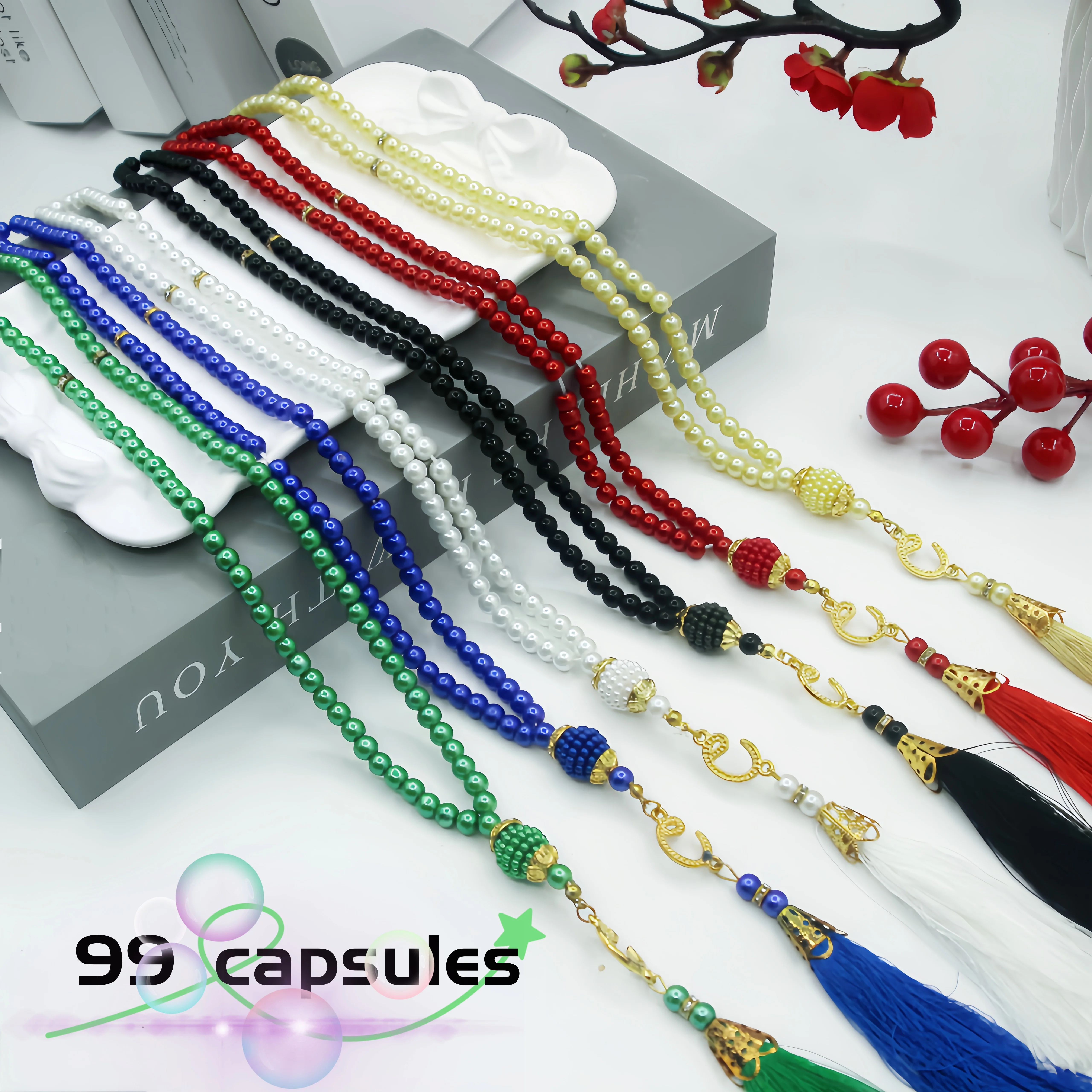 Imitation bead mala with 99 beads, 6mm round imitation pearl beads, portable hand-held prayer beads for play and decoration