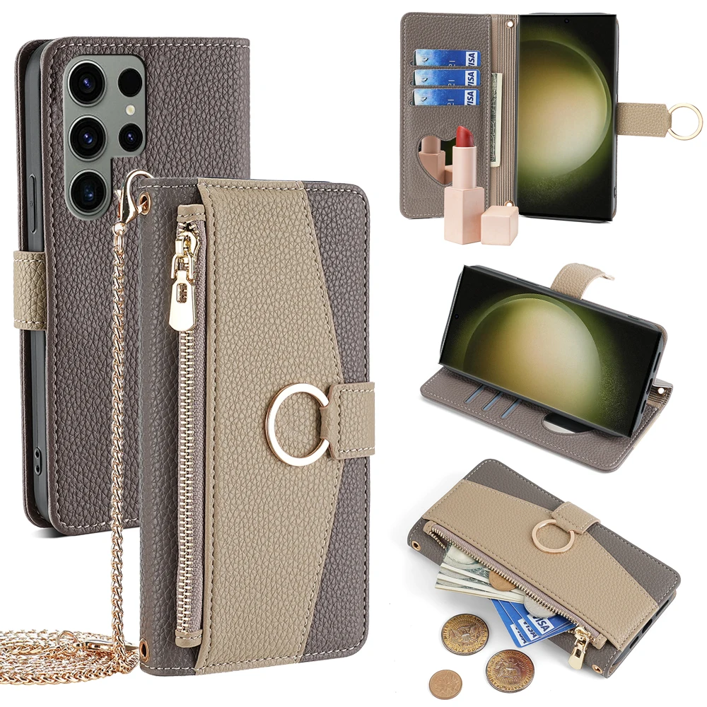 Crossbody Wallet Case for Samsung Galaxy S24 Ultra S24 PLus S23 FE M34 A25 A15 A35 A55 5G A05 A05S Flip Cover with Metal chain