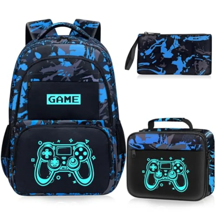 

Glow in The Dark Backpack for Boys - 3pcs Game Boys Backpack for Teens Elementary Middle School - 17″ Gamer Bookbag Travel Back