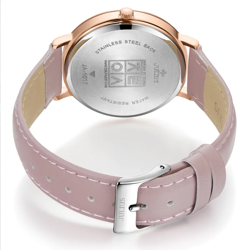 Julius Watch Brand New Original Designer Quartz Simple Women-watches Large Dial Pink Leather Strap Female Clock Montre JA-1017