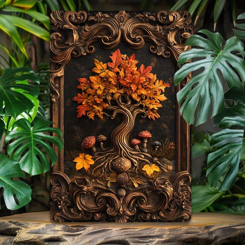 Autumn Tree and Mushrooms Vintage Aluminum Wall Art, Waterproof Metal Tin Sign, High Color Accuracy, 8X12 in/12X18 in, 1pc