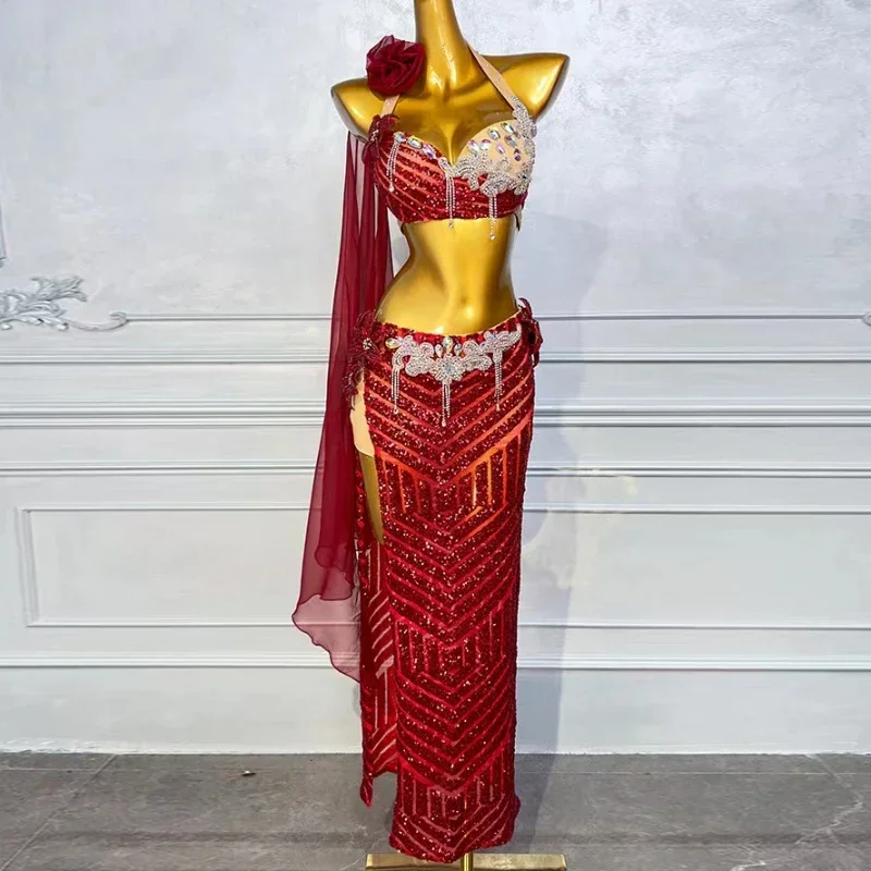 

Oriental Dancing Competition Clothing Belly Dance Suit Diamond-Studded Sling Bra Split Big Swing Skirt Performance Clothes Set