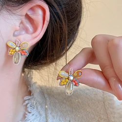 Sparkly Full Rhinestone Crystal Earrings Colorful Flowers Stud Earrings For Women Fashion Exquisite Party Wedding Ear Jewelry